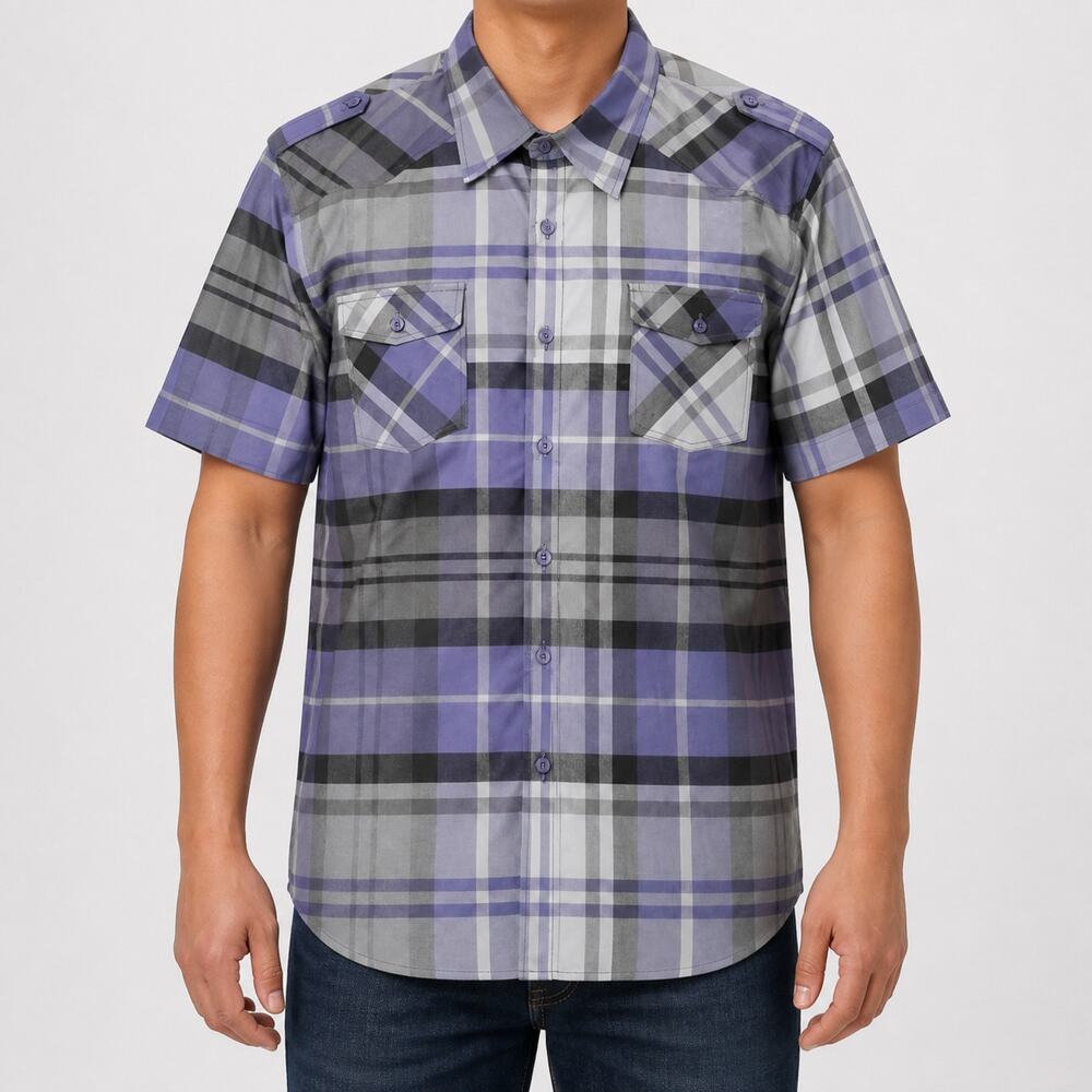 Koman Jeans Shirt Mens 2XL Purple Gray Plaid Short Sleeve Button Up Casual